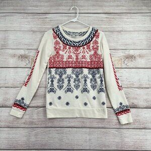 Lucky Lotus BOHO Embroidered Long Sleeve Sweater Women's Size XS‎ White/Blue/Red